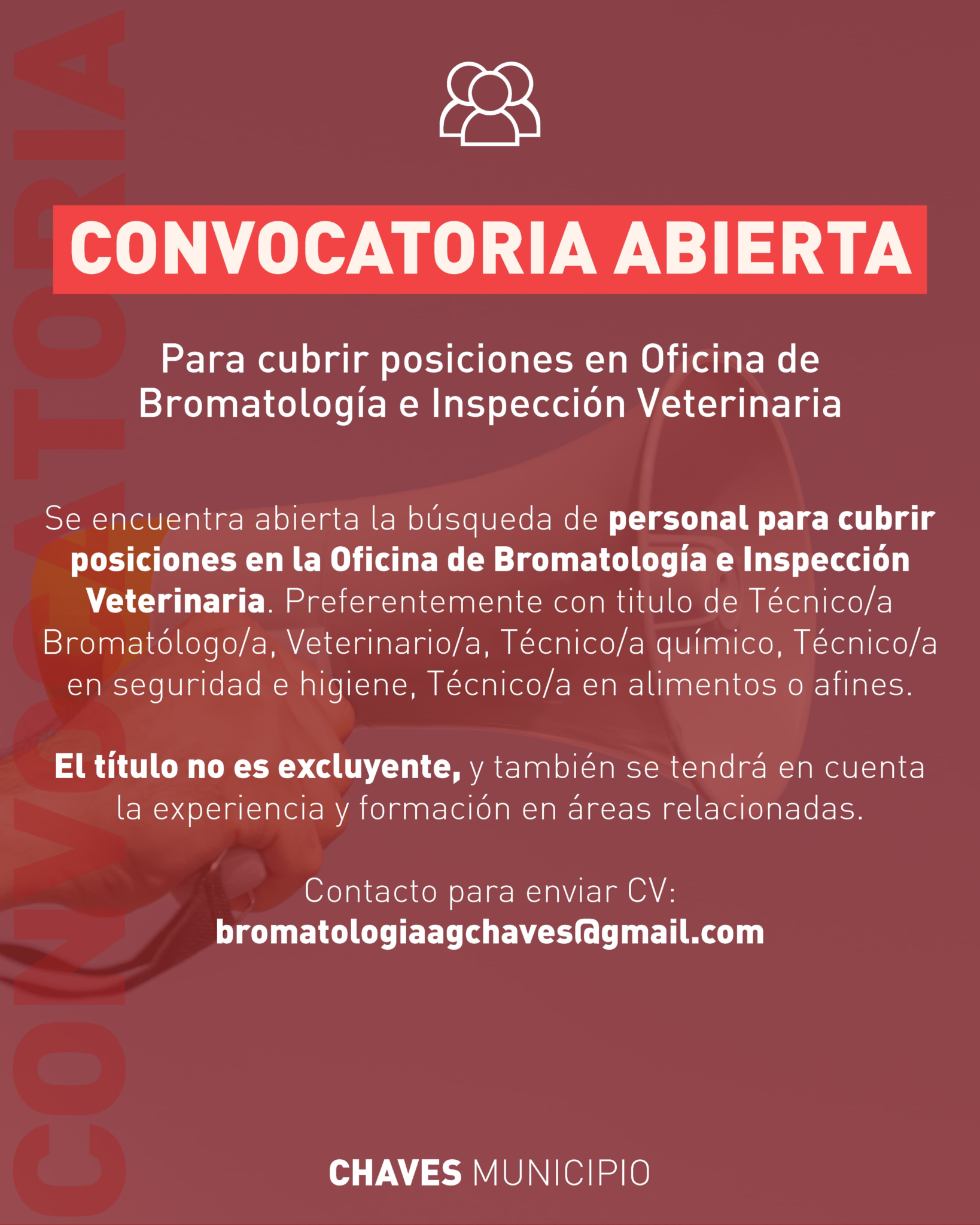 CONVOCATORIA ABIERTA: CHAVES MUNICIPIO BUSCA PERSONAL PARA LA OFICINA DE BROMATOLOGÍA E INSPECCIÓN VETERINARIA